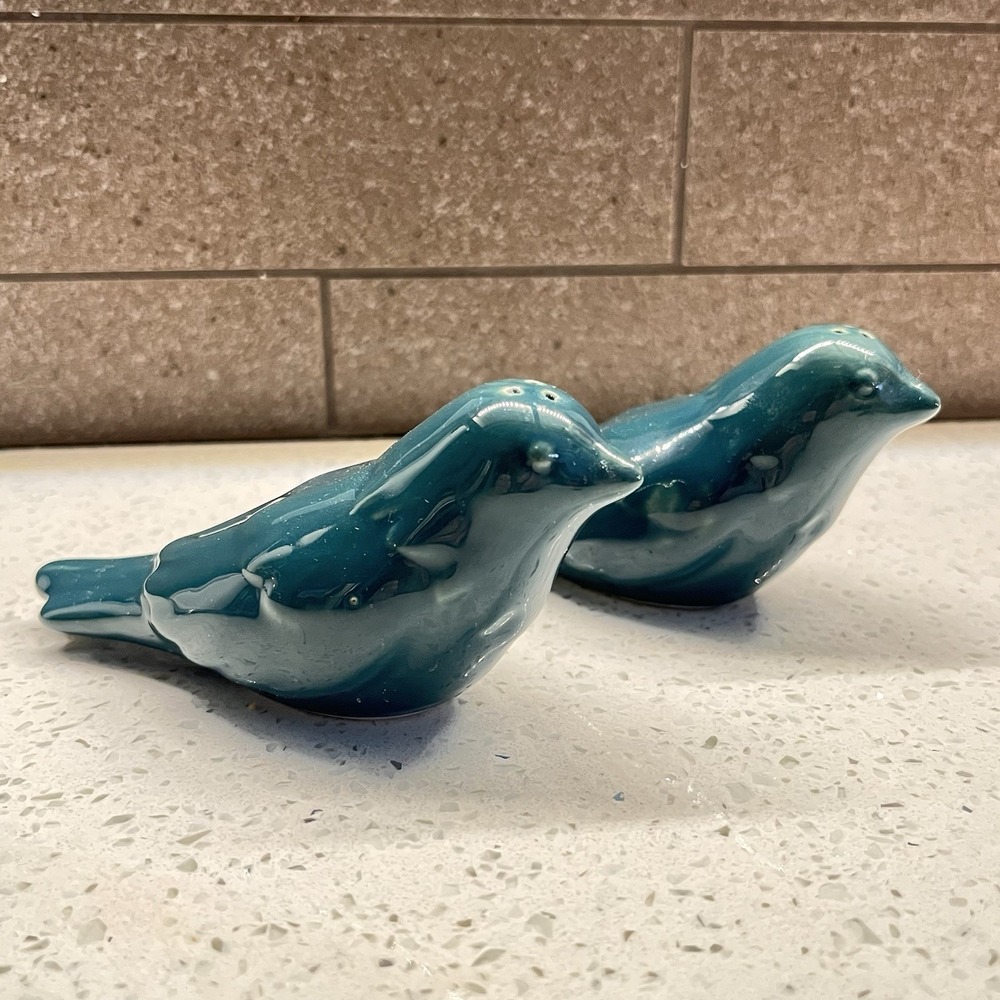 Pier 1 Imports Teal Ceramic Bird Salt & Pepper Shaker Set Retired MCM Farmhouse